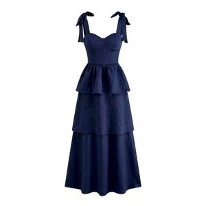 JACQUARD SCOOP NECKLINE SOLID BOWKNOT LAYERED MAXI DRESS